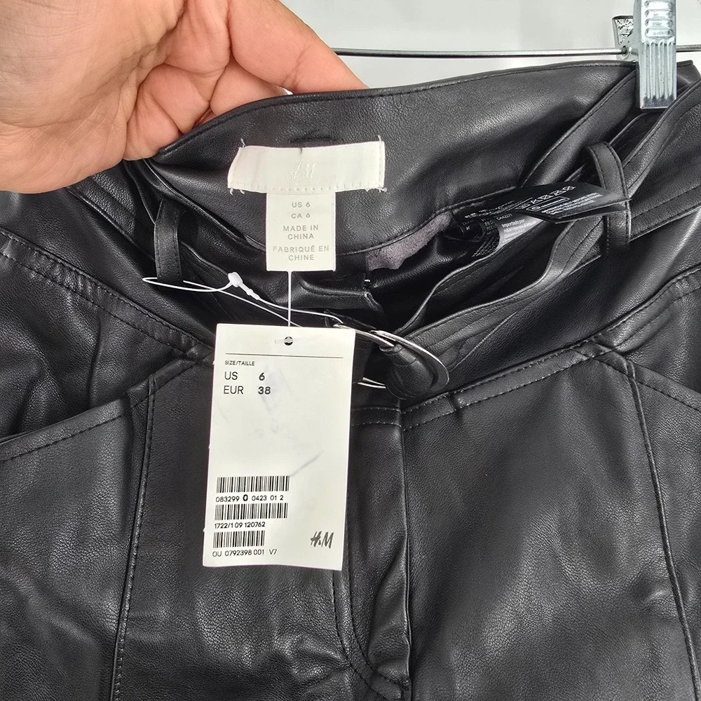 NWT H&M‎ Faux Black Leather pants tapered leg High waist Detachable belt  Sz 6